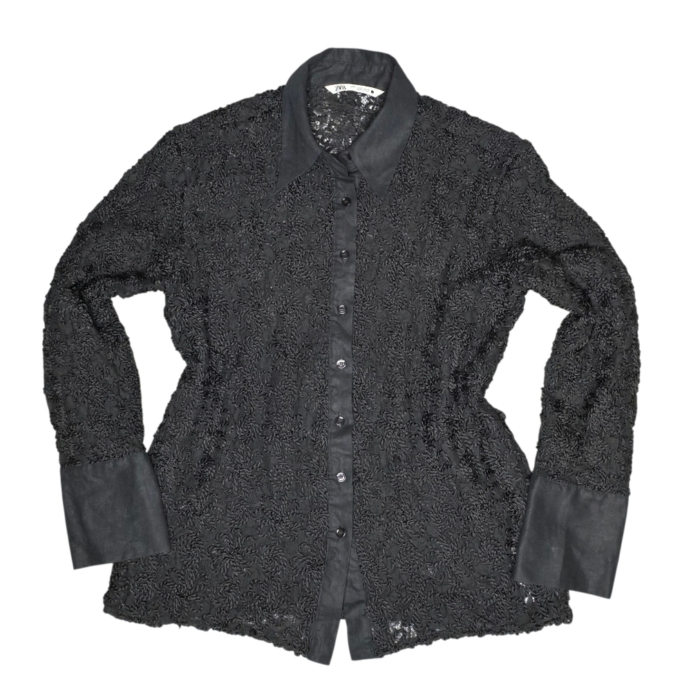 Zara Elegant Black Lace Blouse 51% Linen 49% Cotton - Picture 3 of 12